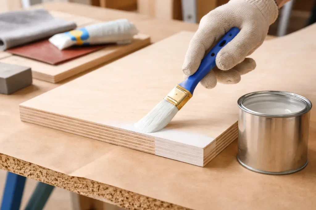Pinceau appliquant la peinture sur le chant d’une plaque de contreplaqué, avec un pot de peinture à côté