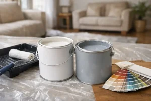 Deux pots de peinture intérieure ouverts avec rouleau et nuancier de couleurs sur bâche de protection