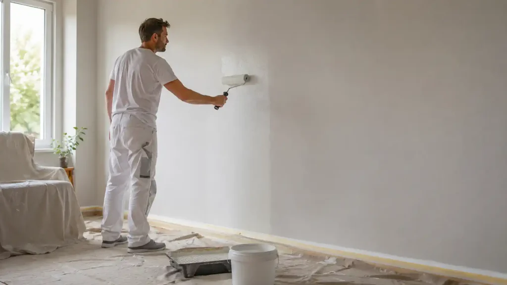 Application régulière d’une peinture velours sur un mur intérieur préparé