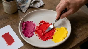 Magenta et jaune mélangés sur une palette pour obtenir du rouge en peinture