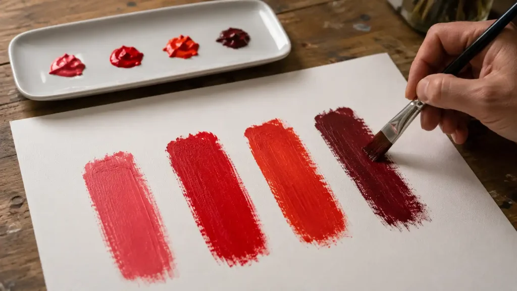 Essais de rouge clair, rouge vif, rouge orangé et rouge bordeaux sur papier