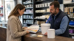 Particulière comparant une peinture et des teintes dans un magasin spécialisé
