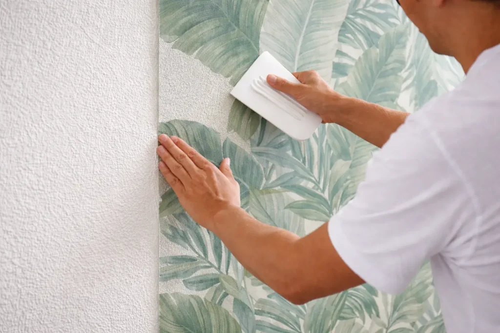 Marouflage d’un papier peint intissé sur un mur en fibre de verre pour éviter les bulles.