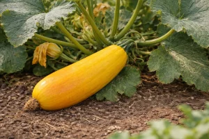 Grosse courgette jaune orangée encore sur son pied dans un potager