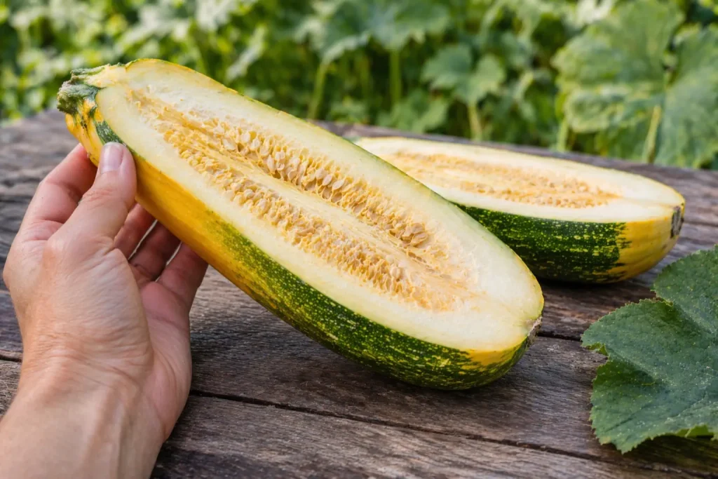 Main tenant une courgette coupée avec peau verte et jaune, chair claire et graines développées
