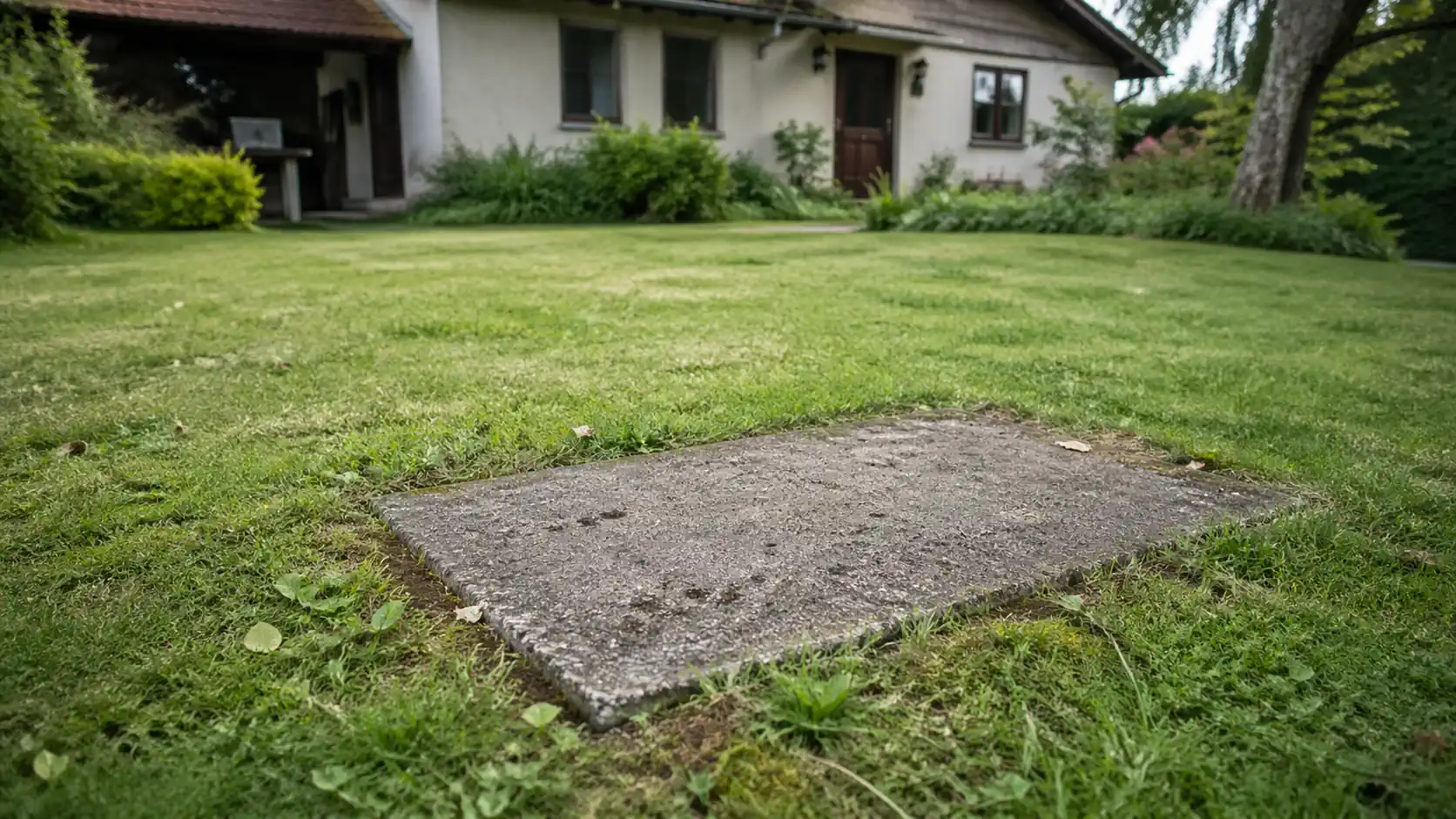 Ancienne trappe en béton dans un jardin indiquant la présence d’une fosse septique