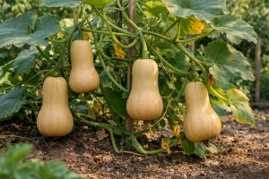 Pied de courge butternut au potager avec plusieurs fruits en maturation