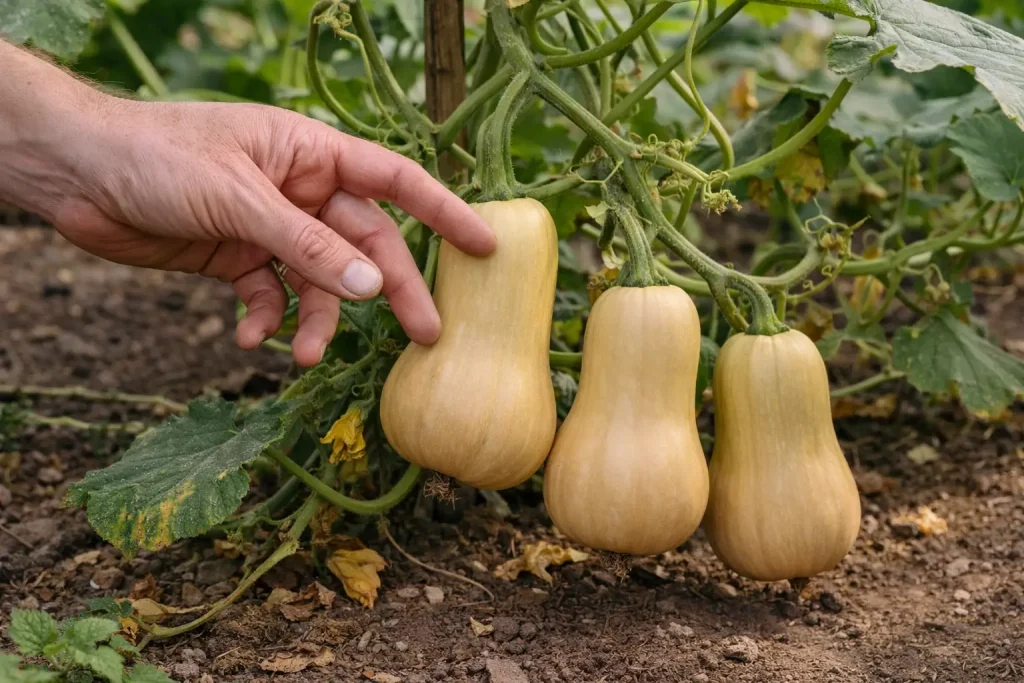Main montrant trois butternuts à conserver sur une même liane au potager