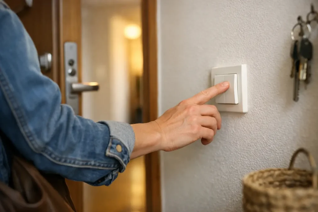 Main éteignant un interrupteur près de la porte d’entrée avant de sortir