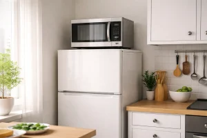 Micro-ondes installé au-dessus d’un réfrigérateur dans une petite cuisine