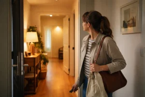 Personne quittant sa maison en regardant une lumière restée allumée dans le couloir