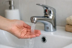 Main testant l’eau d’un robinet alors que l’eau chaude reste froide