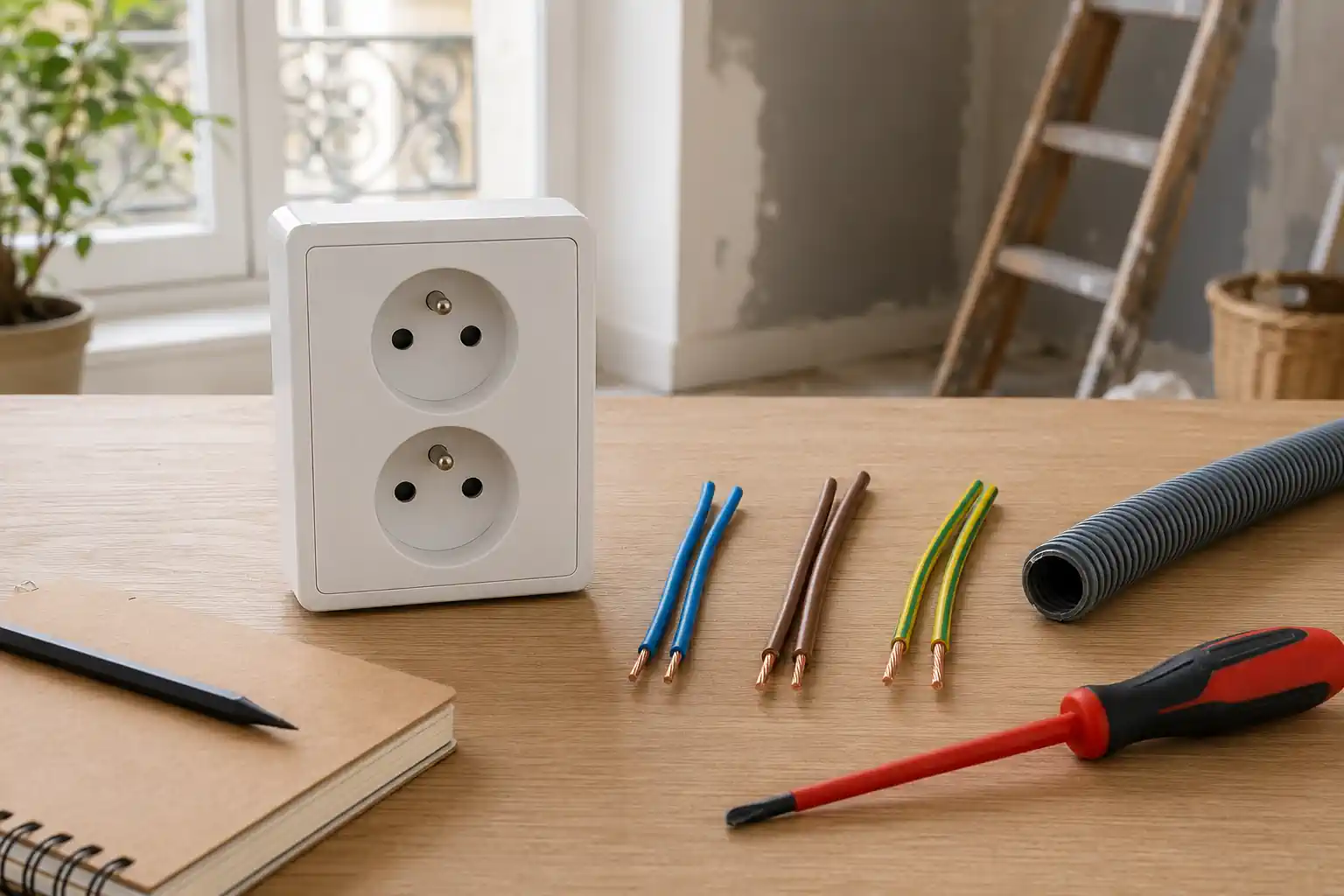 Prise de courant française et fils électriques pour choisir entre 1,5 et 2,5 mm²