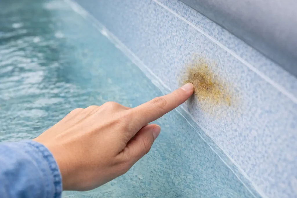 Trace sur liner de piscine liée à un excès de cuivre dans l’eau