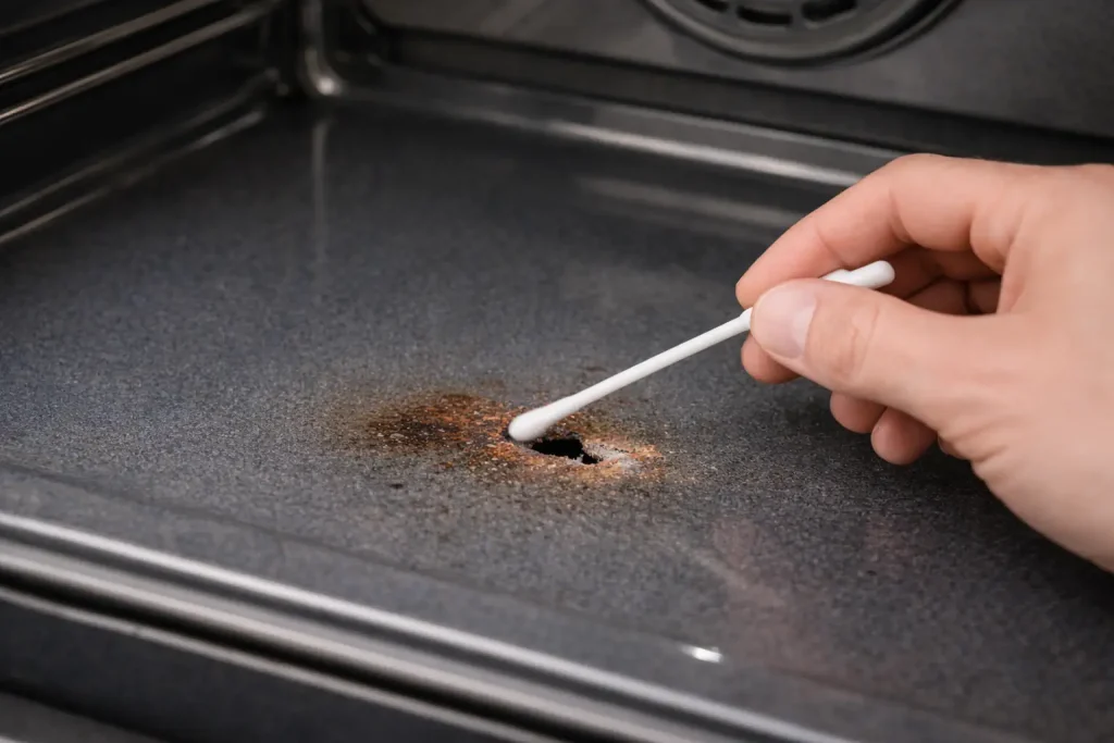 Main utilisant un coton-tige pour vérifier un trou dans le fond du four