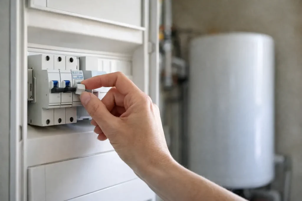 Main vérifiant le contacteur du chauffe-eau sur un tableau électrique