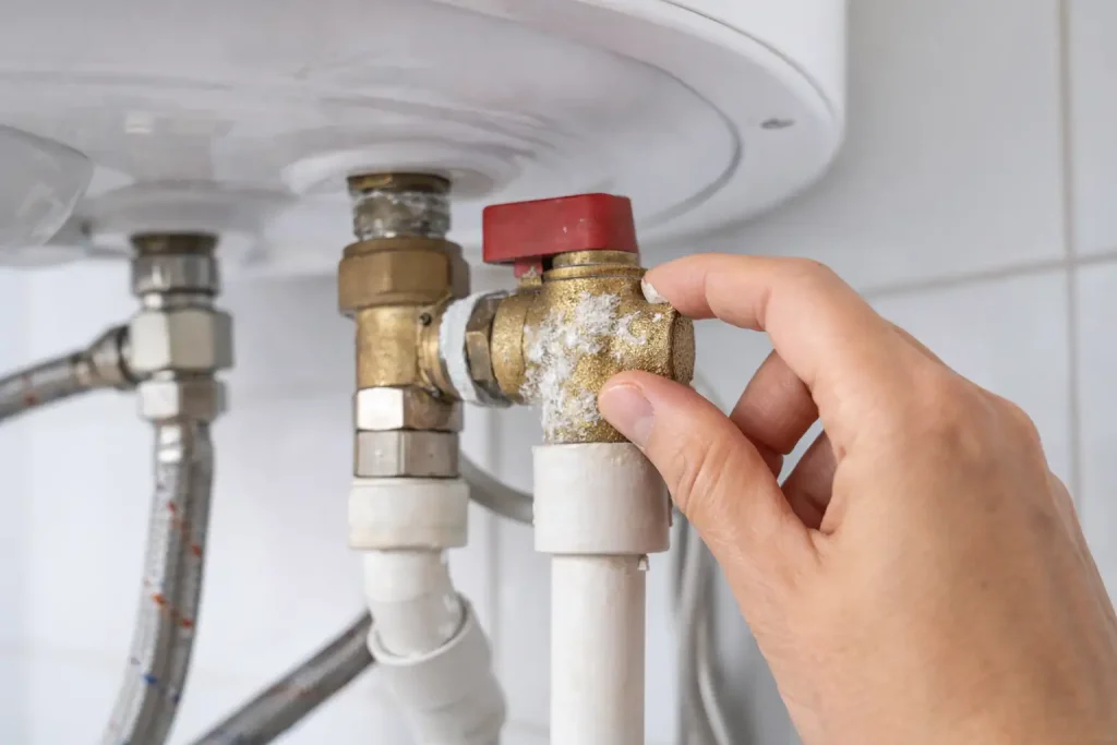 Main vérifiant le groupe de sécurité d’un chauffe-eau avec traces de calcaire