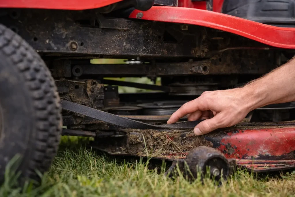 Main montrant une courroie de transmission détendue sur un tracteur tondeuse à l’arrê