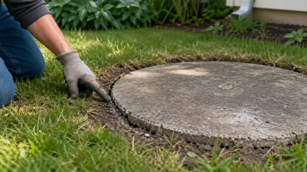 Main gantée montrant une fissure autour du couvercle fermé d’une ancienne fosse septique
