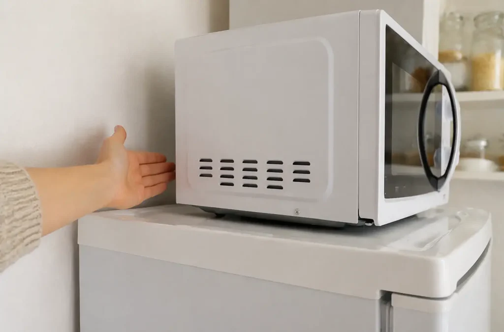 Main vérifiant l’espace de ventilation entre un micro-ondes et un réfrigérateur