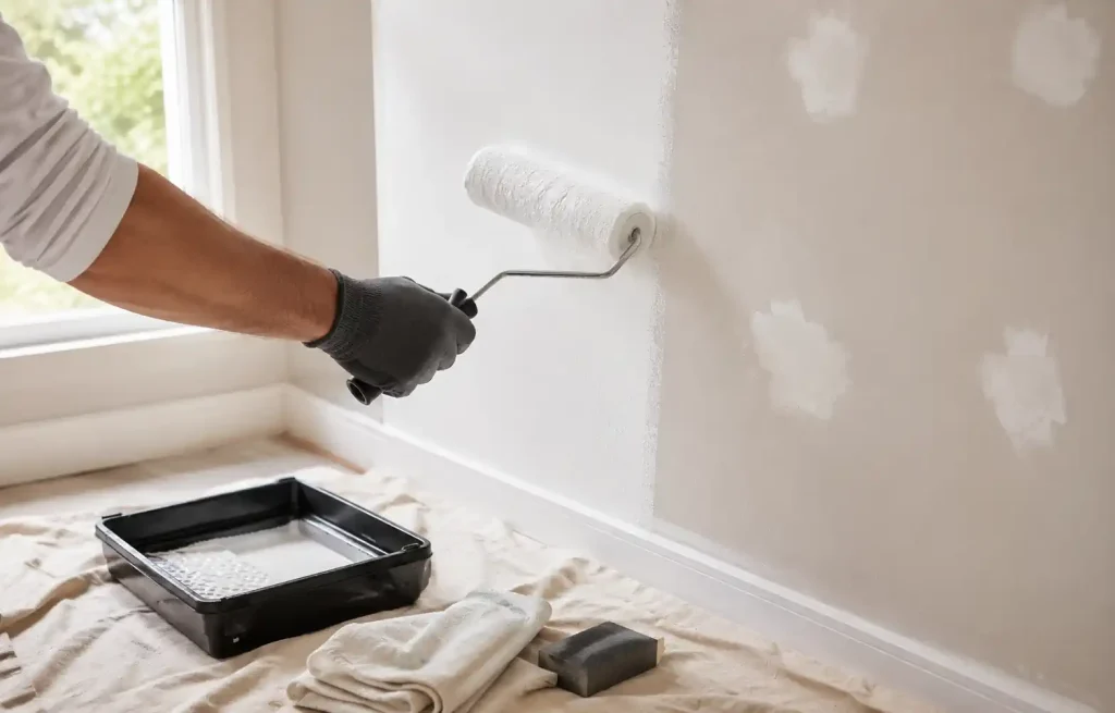 Mur enduit et dépoussiéré recevant une sous-couche avant peinture
