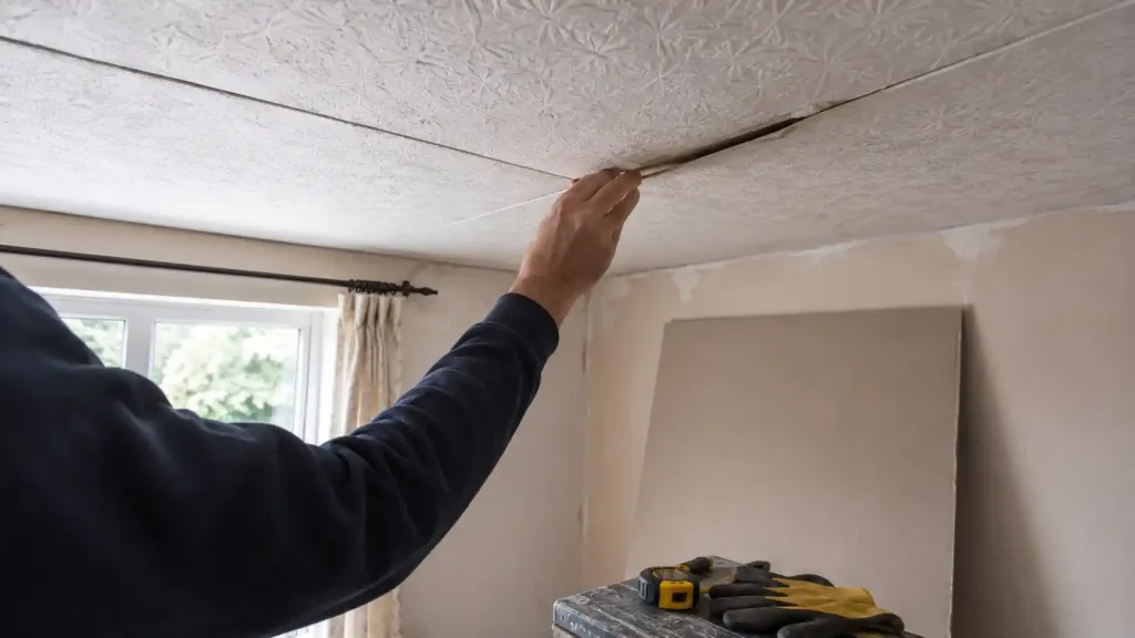 Vérification de dalles de polystyrène au plafond avant rénovation