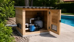 Caisson en bois ventilé autour d’une pompe de piscine dans un jardin