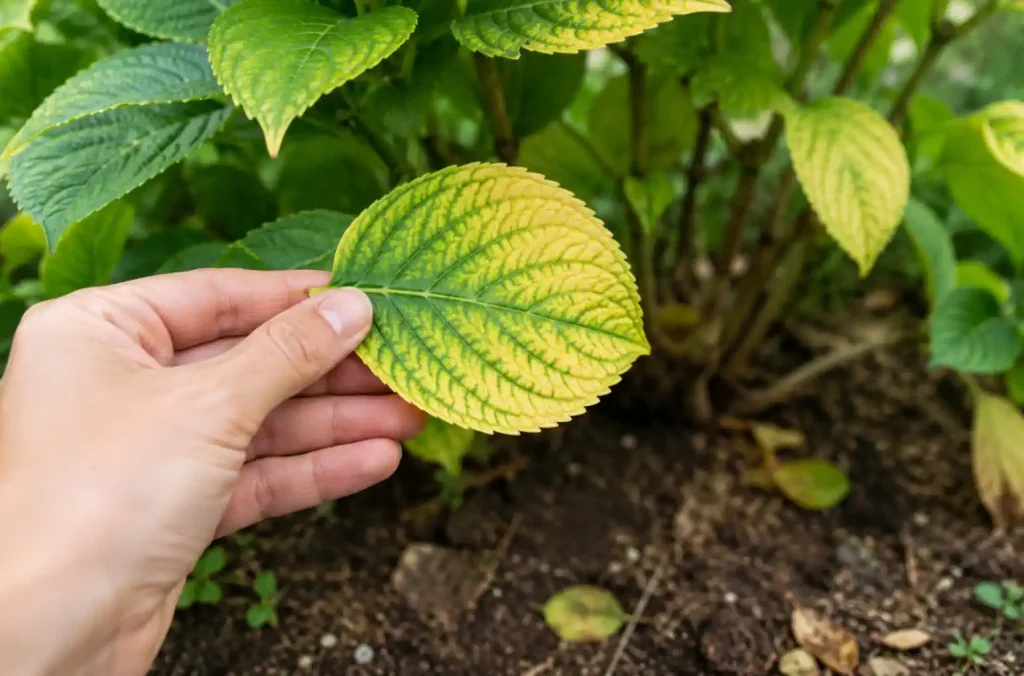 Observation d’une feuille d’hortensia jaune avec nervures vertes