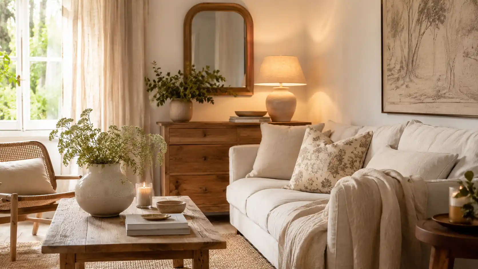 Salon lumineux de style scandinave avec canapé clair, bois naturel et ambiance douce