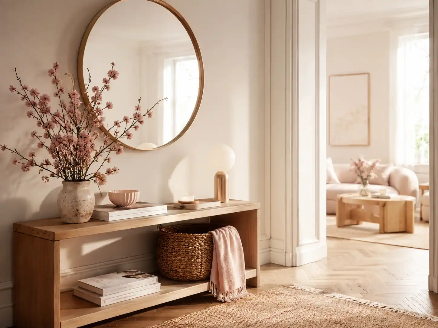 Entrée lumineuse avec console en bois, miroir rond et panier tressé