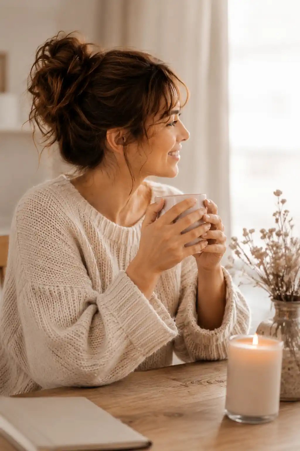 Chloé tenant une tasse près d’une fenêtre dans une ambiance douce