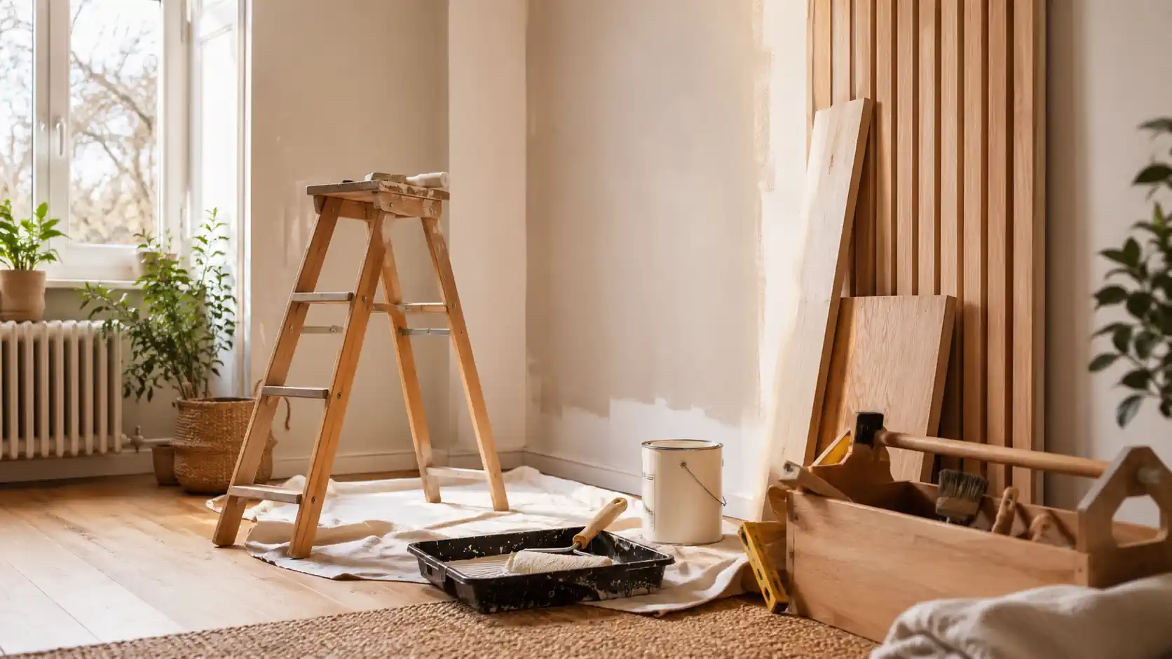 Pièce en rénovation lumineuse avec matériaux, outils et ambiance chaleureuse