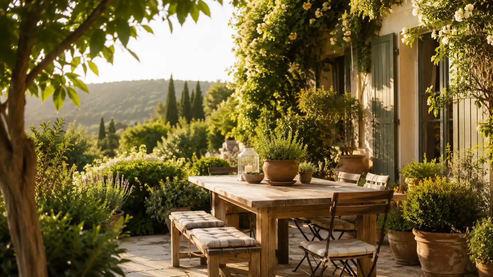 Jardin méditerranéen baigné de lumière dorée avec végétation et ambiance extérieure apaisante