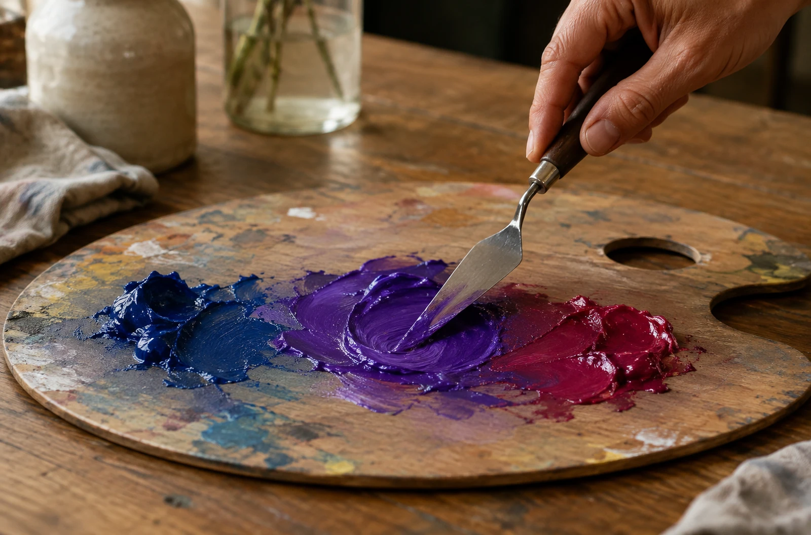 Bleu et rouge mélangés sur une palette pour obtenir du violet