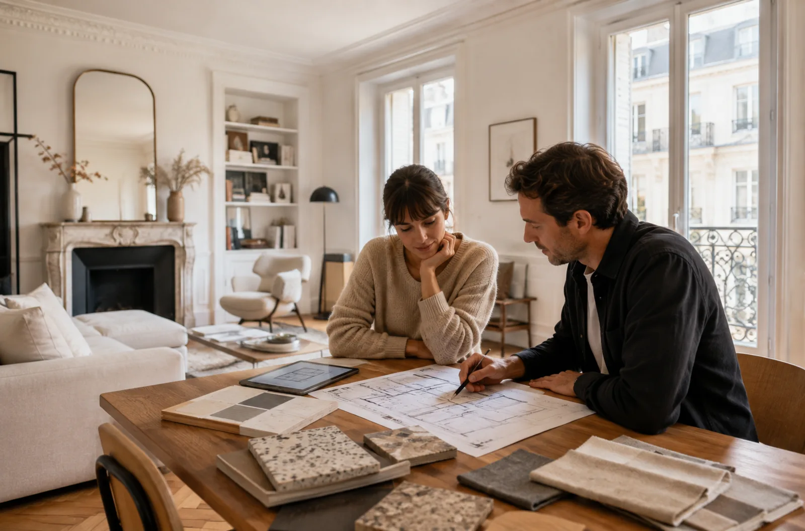 Propriétaire et professionnel étudiant des plans et des échantillons pour rénover un appartement à Paris