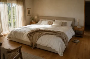 Grand lit avec matelas 200x200 dans une chambre parentale chaleureuse
