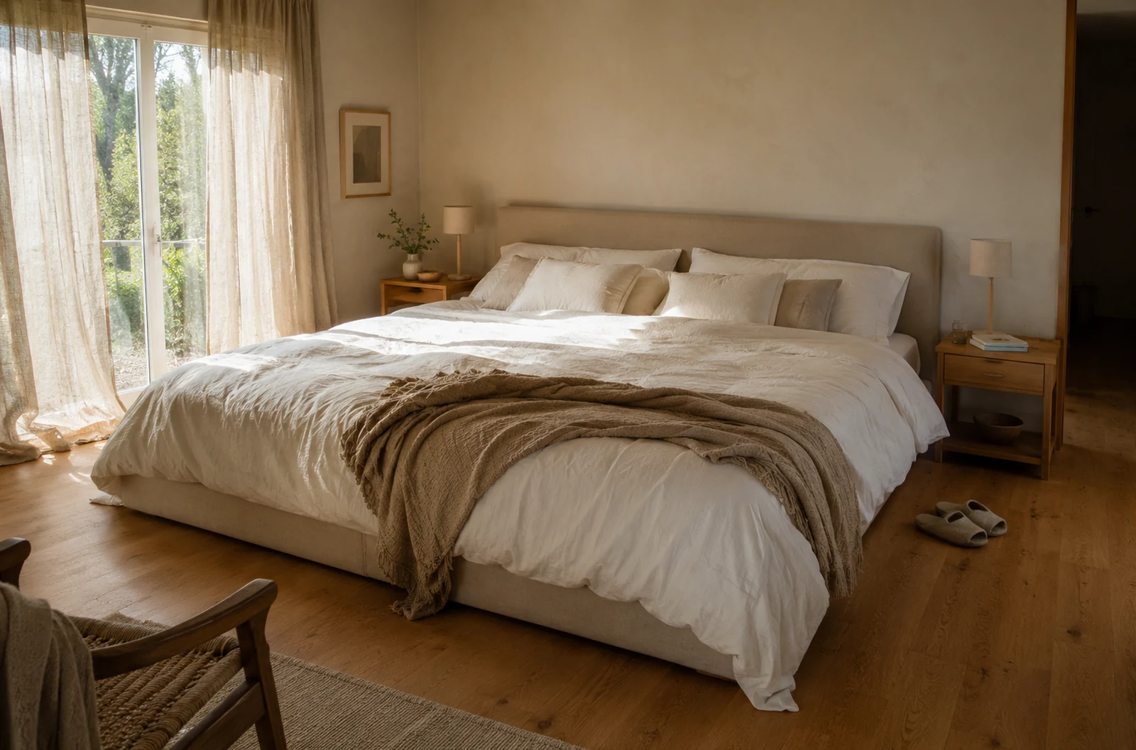 Grand lit avec matelas 200x200 dans une chambre parentale chaleureuse
