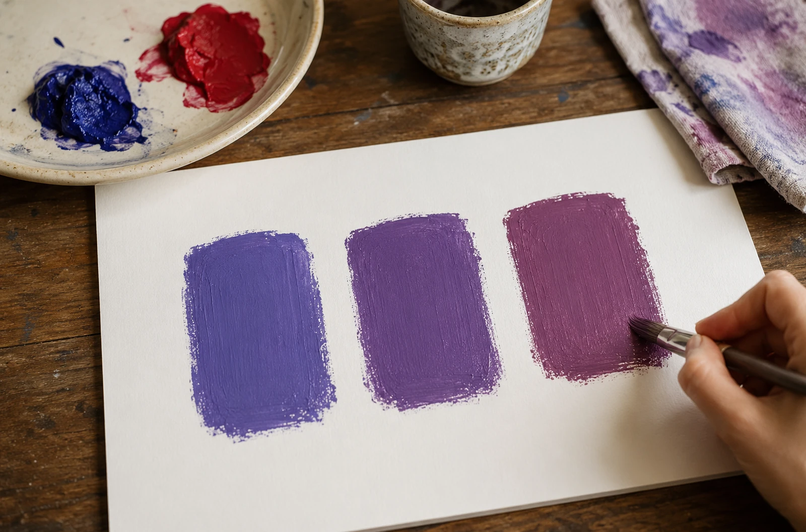 Trois nuances de violet obtenues avec différentes proportions de bleu et de rouge