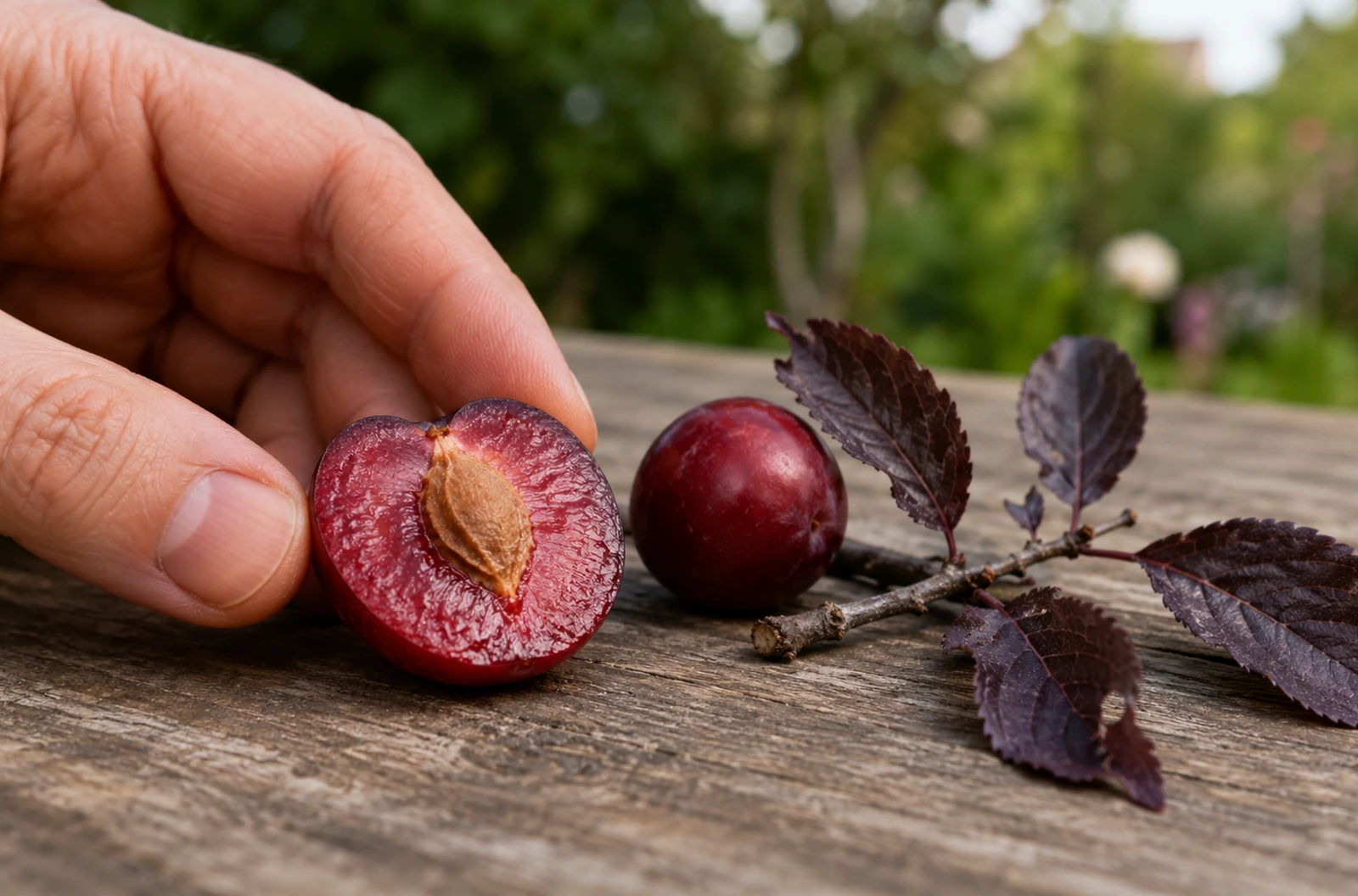 Petit fruit de Prunus ouvert montrant sa chair et son noyau intact