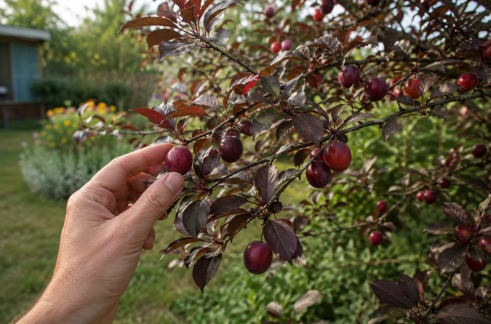 Petits fruits rouge pourpre sur un Prunus observés dans un jardin