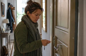 Personne vérifiant une serrure bloquée sur une porte d’entrée