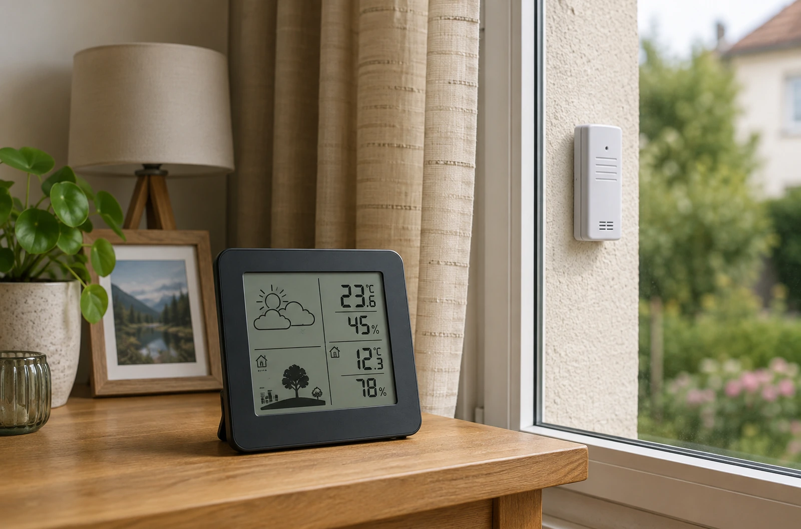 Station météo sans fil et sonde extérieure installées près d’une fenêtre