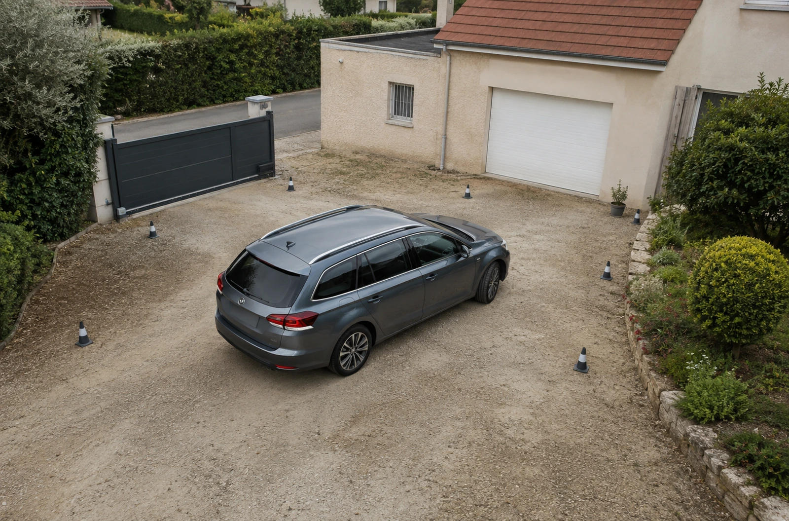 Voiture et cônes matérialisant une aire de retournement dans une cour de maison
