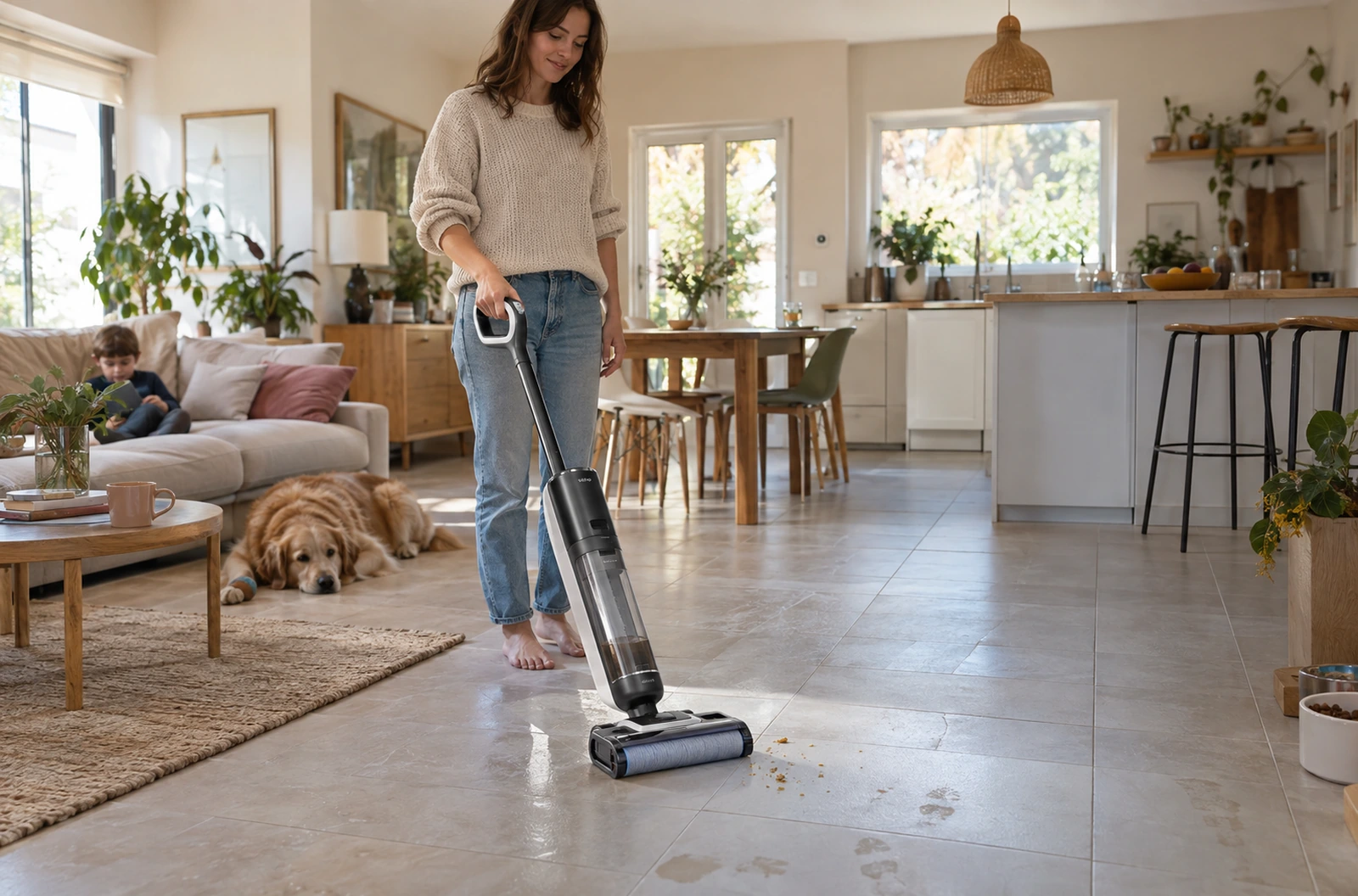 Aspirateur laveur sans fil utilisé sur le sol dur d’une pièce de vie