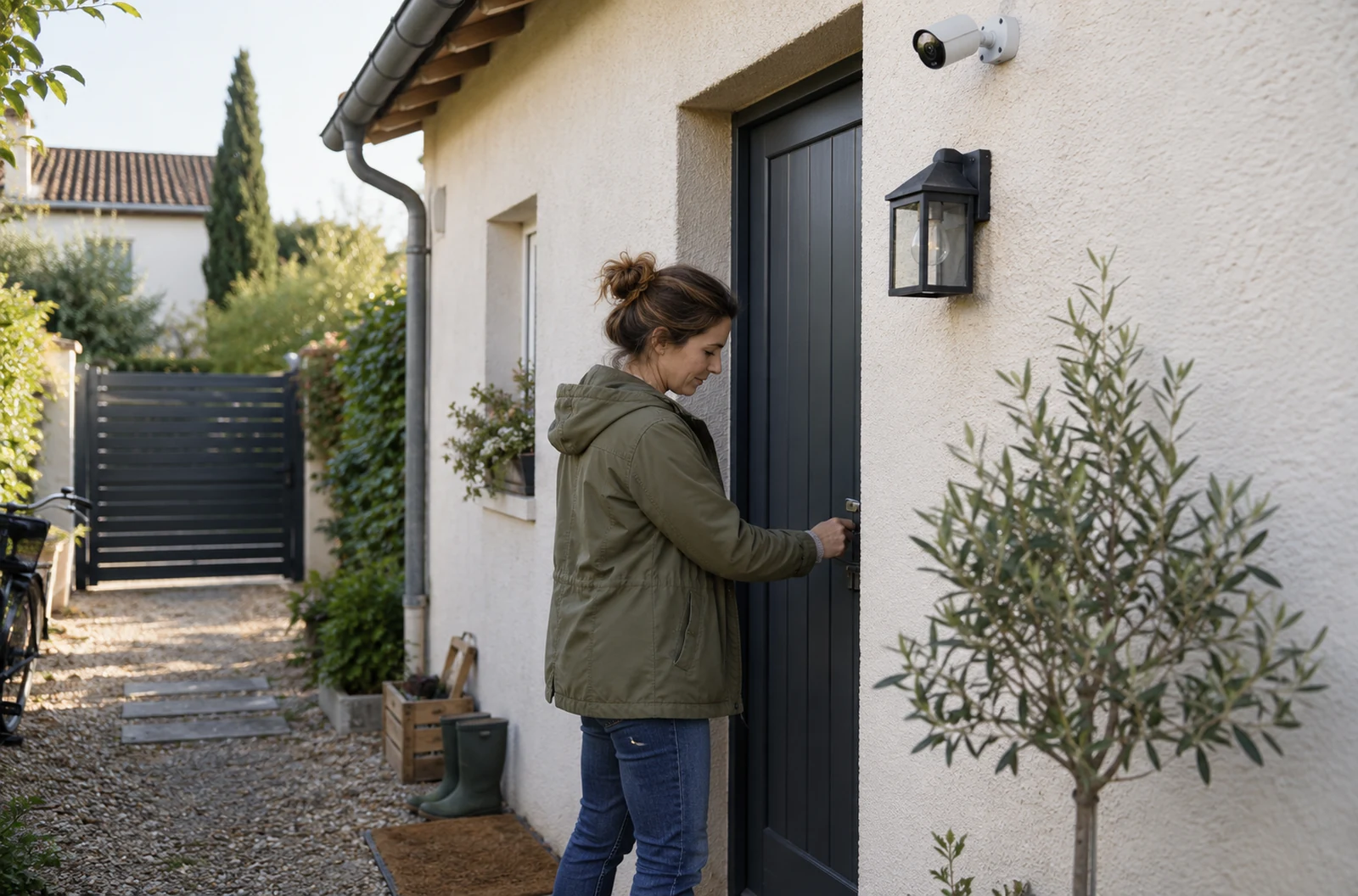 Entrée de maison avec caméra factice et porte correctement fermée
