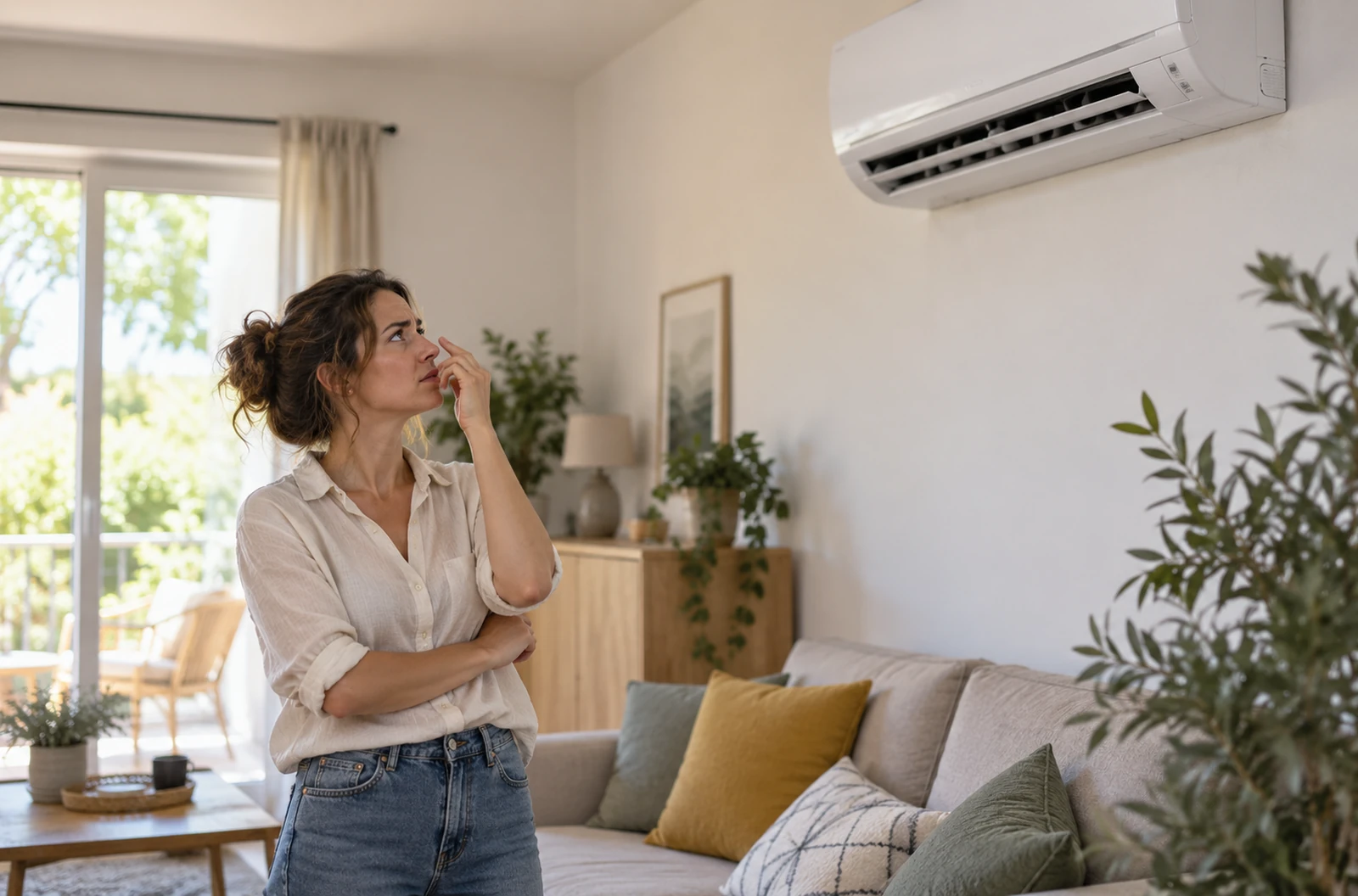 Climatiseur mural dans un salon lors de la recherche d’une mauvaise odeur
