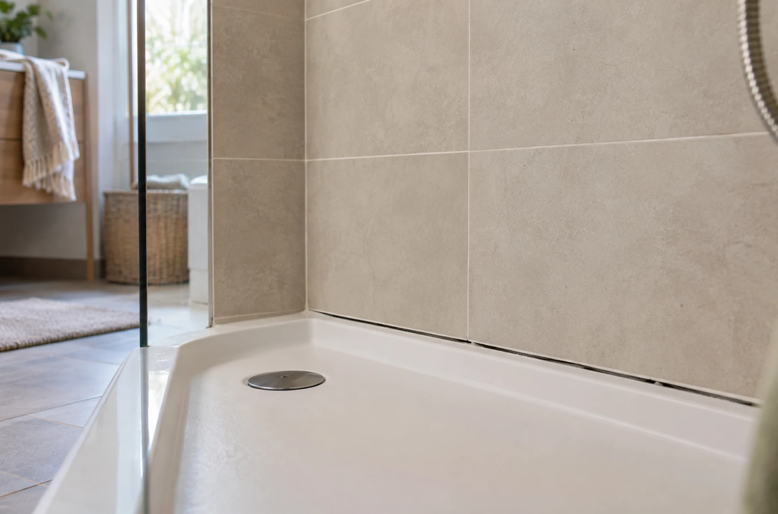 Petit espace régulier entre un receveur de douche et le carrelage mural