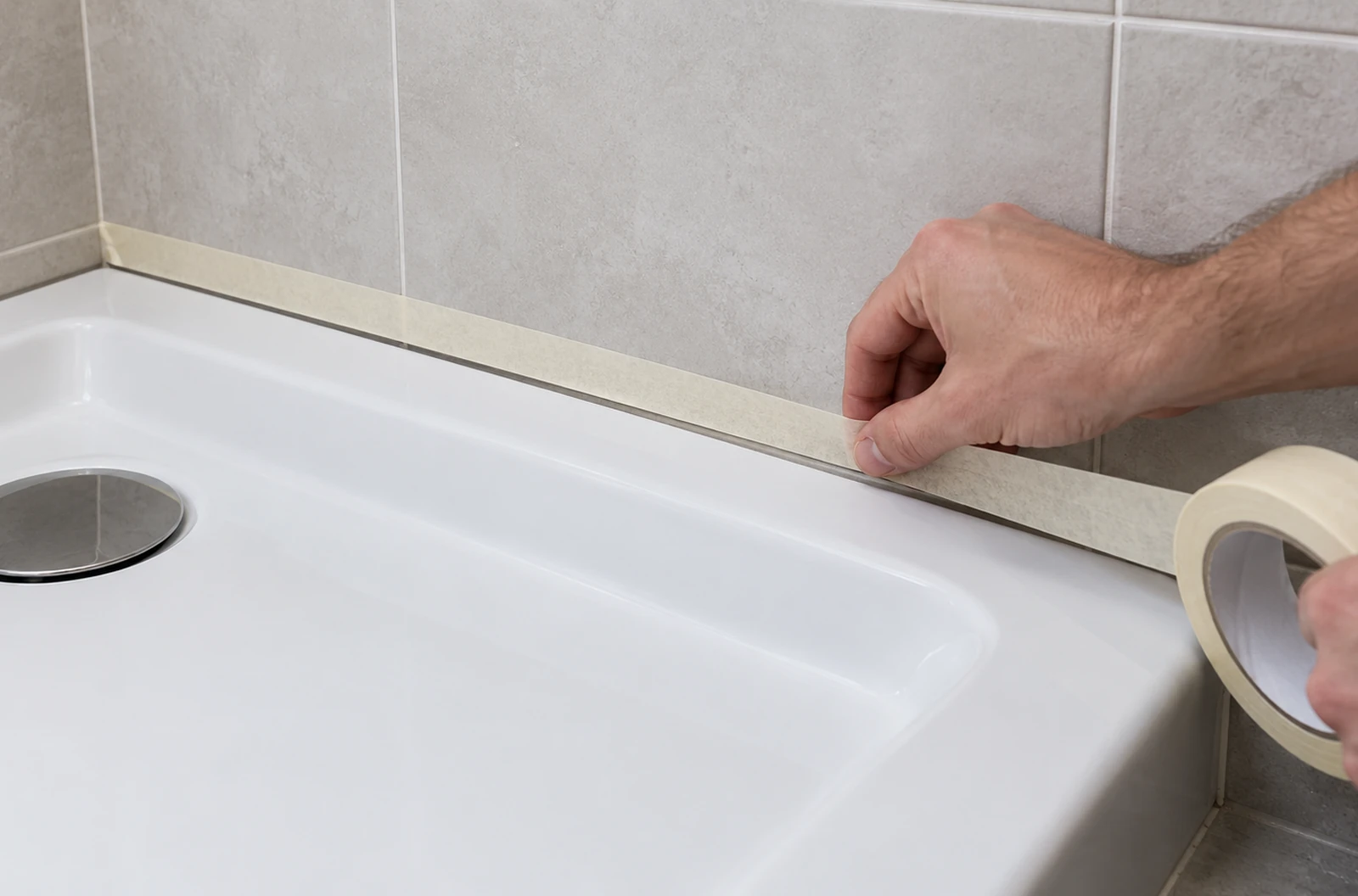 Préparation de la jonction entre le receveur et le carrelage avant le joint silicone