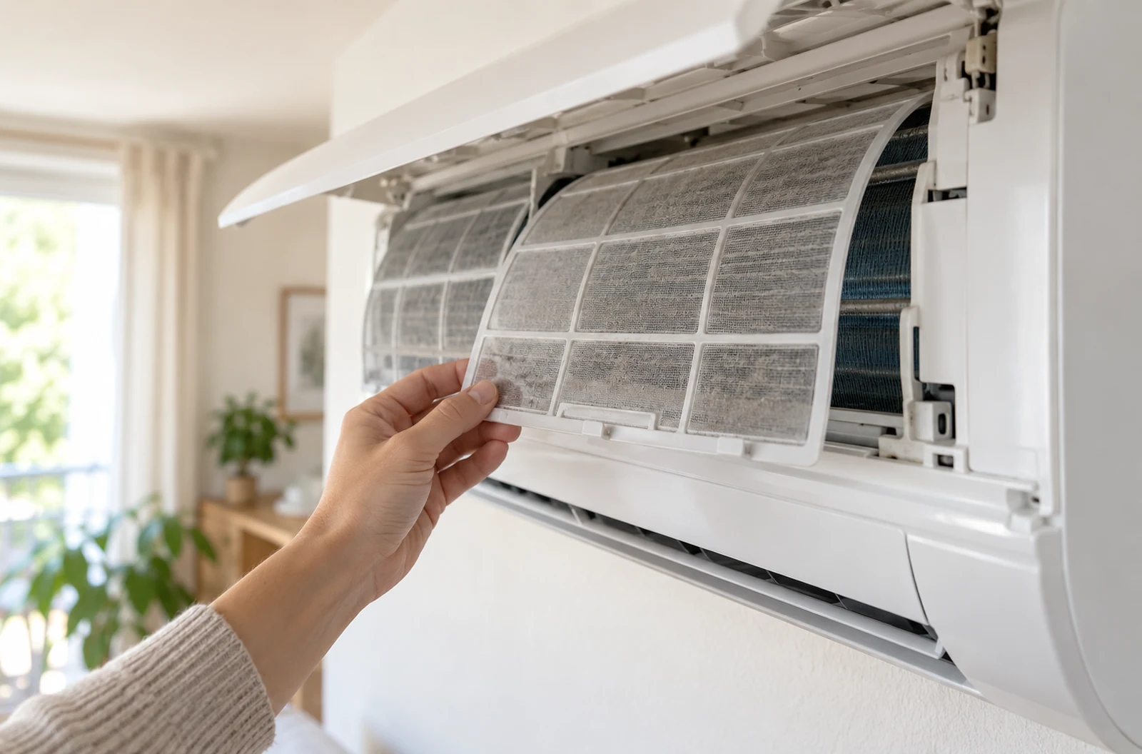 Main retirant le filtre poussiéreux d’une climatisation murale éteinte