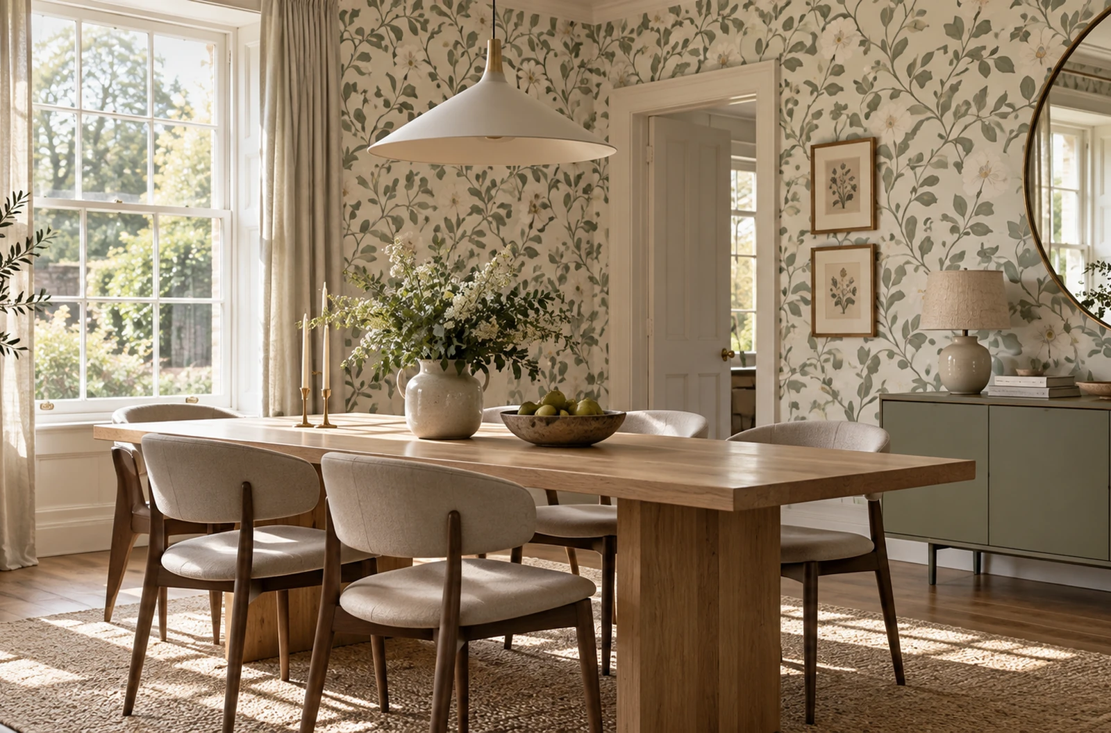 Salle à manger contemporaine devant un papier peint floral anglais classique